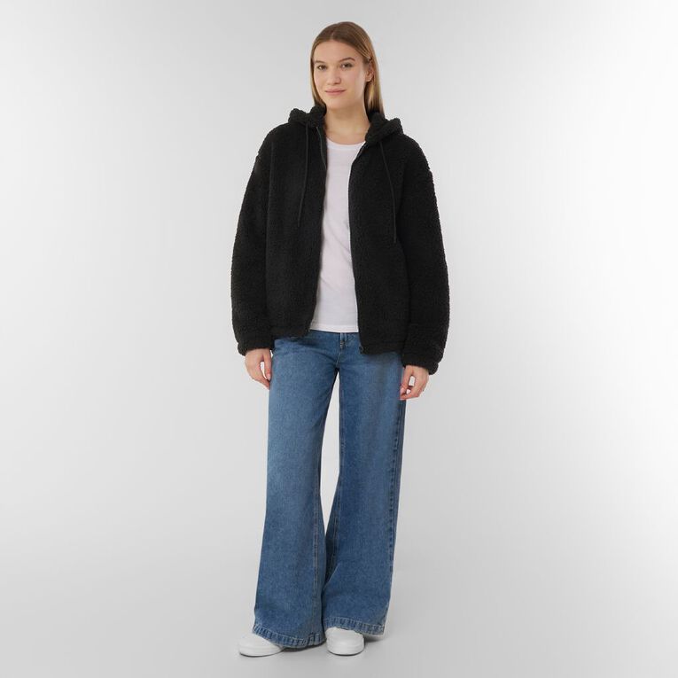 H&H Women's Zip Thru Recycled Sherpa Hood, Black, hi-res