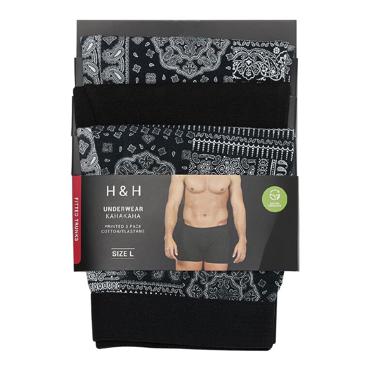 H&H Men's Printed Trunk 3 Pack, White/Black, hi-res