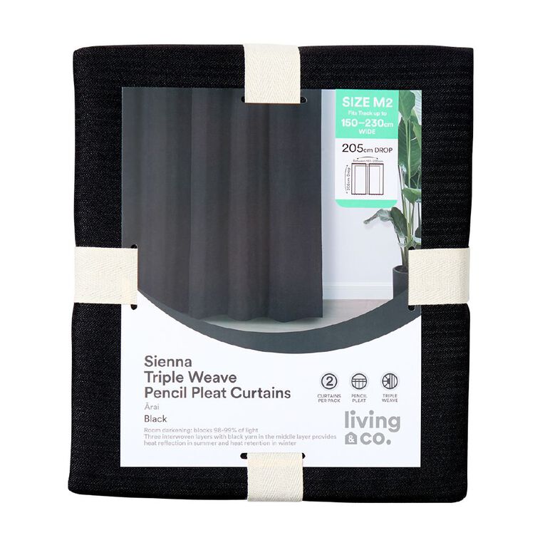Living & Co Sienna Curtains Black 150-230cm Wide/205cm Drop, , hi-res