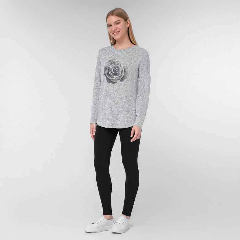 H&H Women's Long Sleeve Brushed Print Crew Top, Grey Marle, hi-res