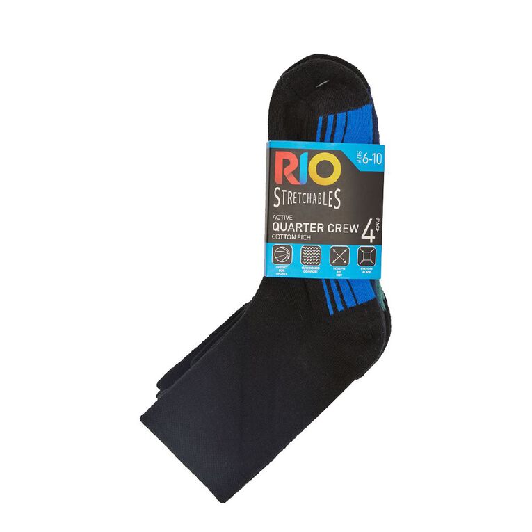 Rio Men's Stretchable Quarter Crew Socks 4 Pack, Black 27K, hi-res