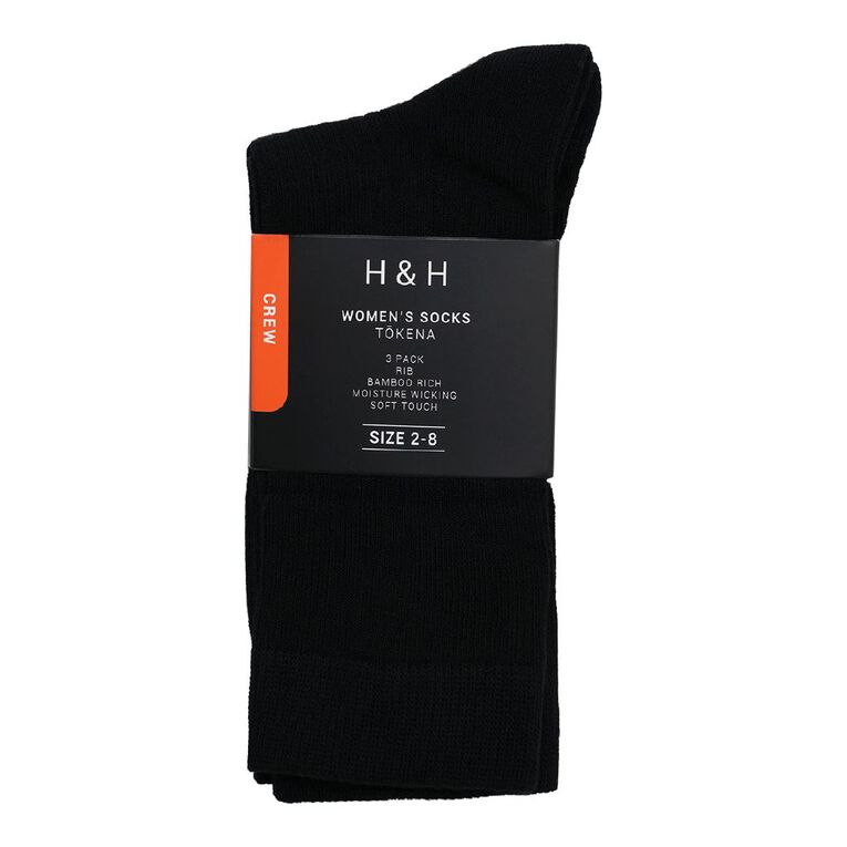 H&H Women's Bamboo Rib Crew Sock 3 Pack, Black S26, hi-res