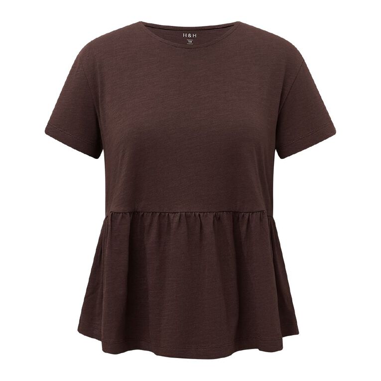 H&H Women's Short Sleeve Peplum Top, Brown Dark, hi-res