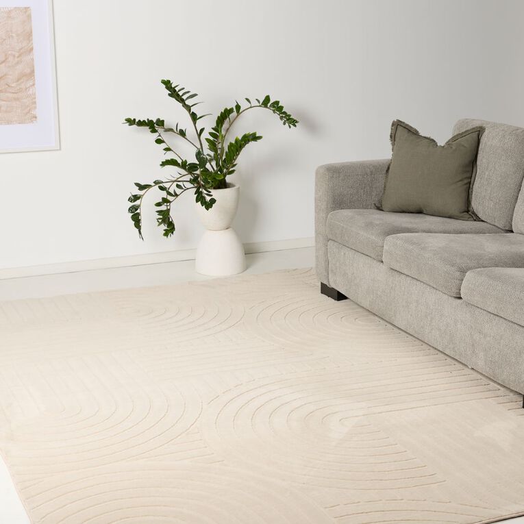 Living & Co Faux Fur Carved Arch Rug Ivory 200cm x 290cm, , hi-res