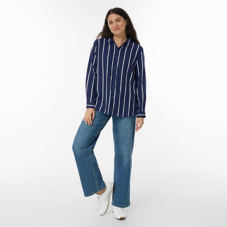 H&H Women's Long Sleeve Essential Linen Blend Shirt, Navy/White, hi-res