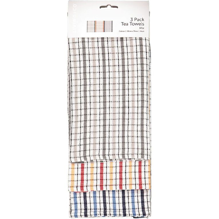 Living & Co Tea Towel Set 3 Pack Multi-Coloured 50cm x 70cm, , hi-res
