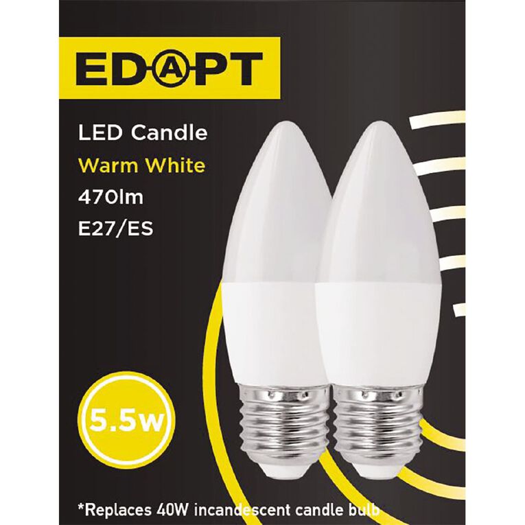 Edapt LED E27 Candle Light Bulb 5.5W Warm White 2 Pack, , hi-res
