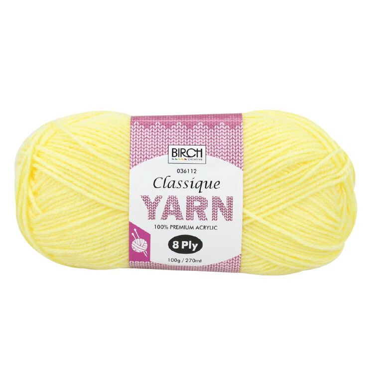 Birch Classique Yarn 100% Premium Acrylic 100g Ball 8 Ply Lemon, , hi-res
