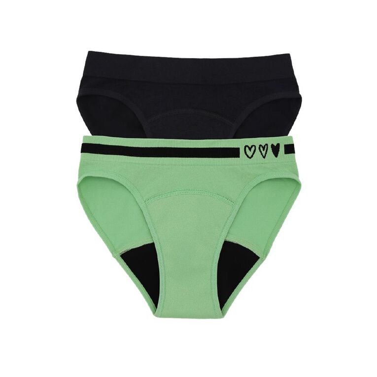 Love Luna Teen First Period Seamfree Bikini Briefs 2 Pack, Black/Green, hi-res
