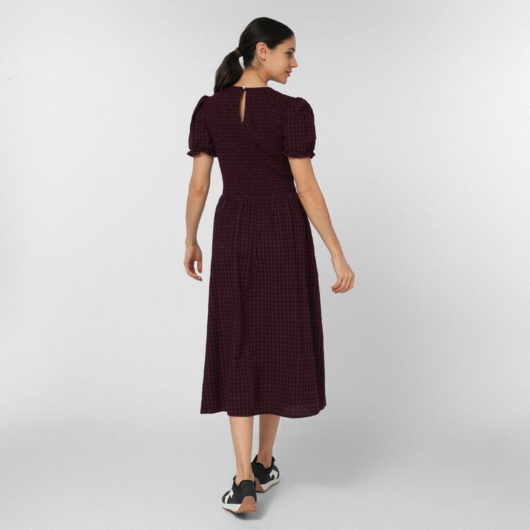 H&H Women's Short Sleeve Shirred Bodice Dress Midi, Red Dark, hi-res