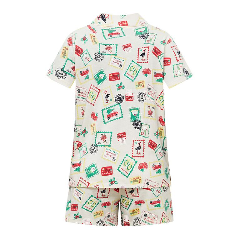 H&H Women's Christmas Button Up Short Sleeve Pyjama Set, Cream, hi-res