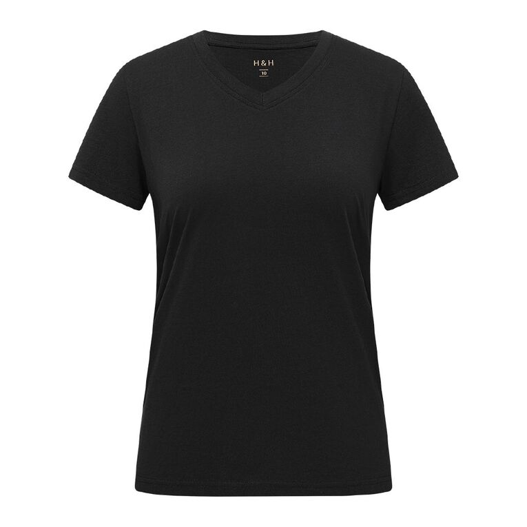 H&H Women's Short Sleeve V-Neck Cotton Tee, Black, hi-res