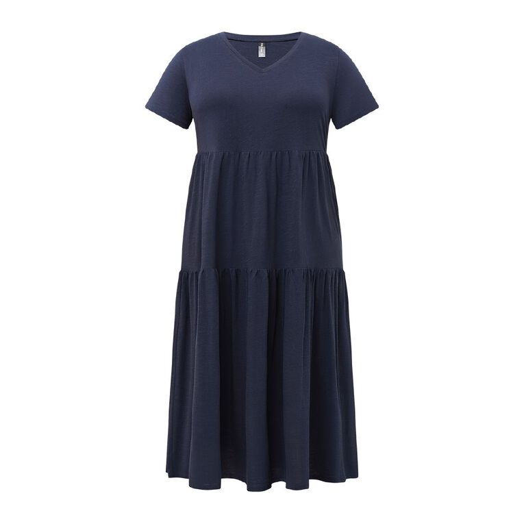 H&H Curve Women's Short Sleeve Slub Tier Midi Dress, Navy, hi-res