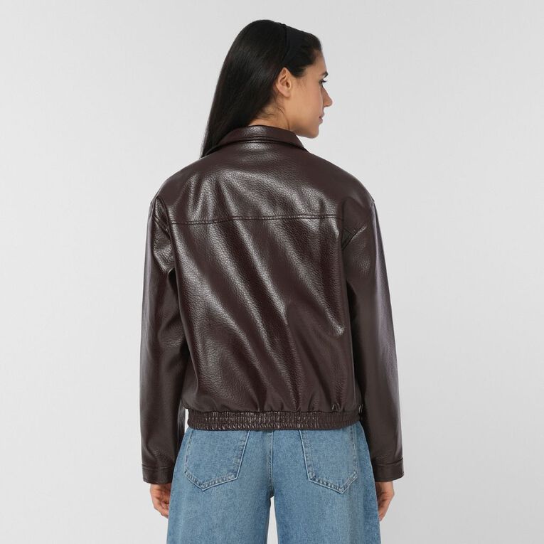 H&H Women's Women's PU Funnel Neck Bomber Jacket, Brown Dark, hi-res