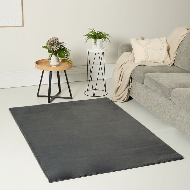 Living & Co Rug Faux Fur Plain Grey 120cm x 180cm, Grey, hi-res