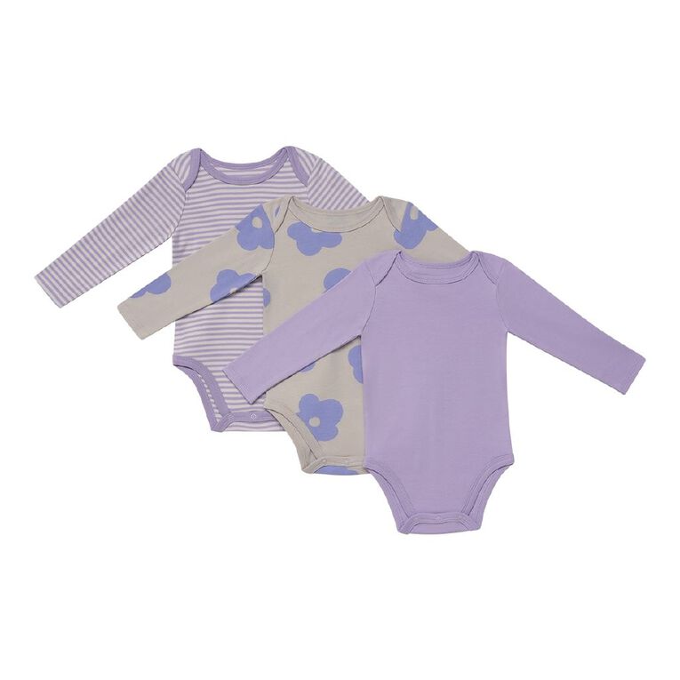 Young Original Babies' Long Sleeve Printed Bodysuit 3 Pack, Brown Light FLOWER, hi-res