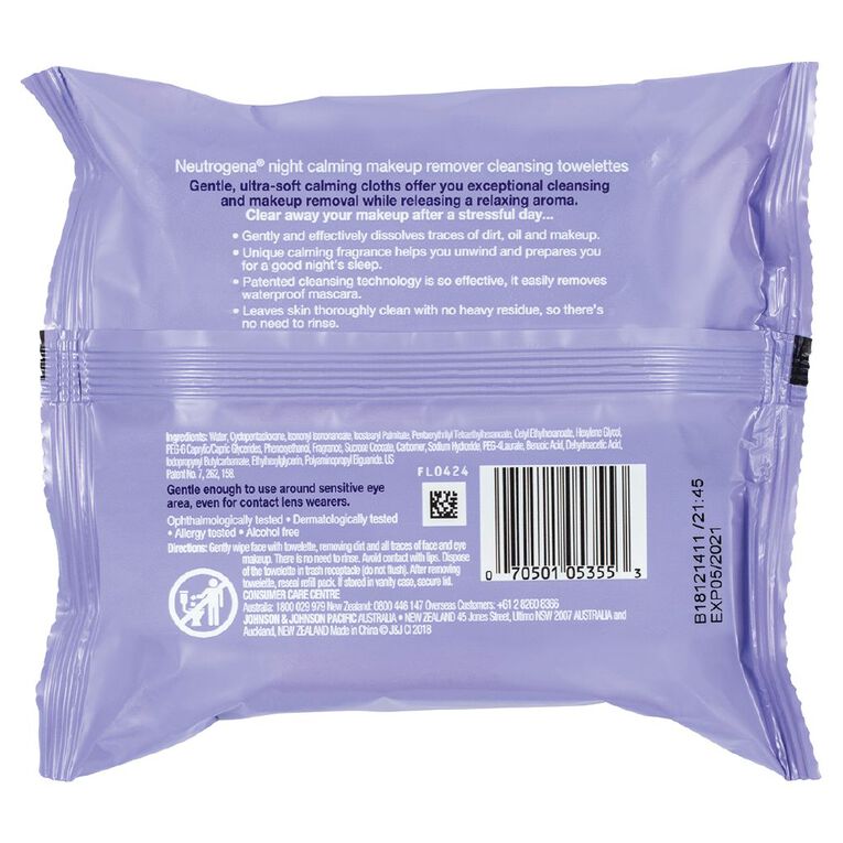 Neutrogena Night Calming Make Up Remover Cleansing Towelettes 25 Pack, , hi-res