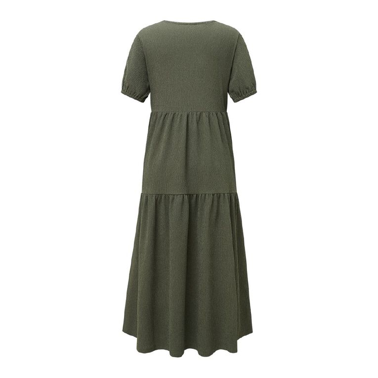 H&H Womens' Short Sleeves Puff V-Neck Tiered Midi, Green Dark, hi-res