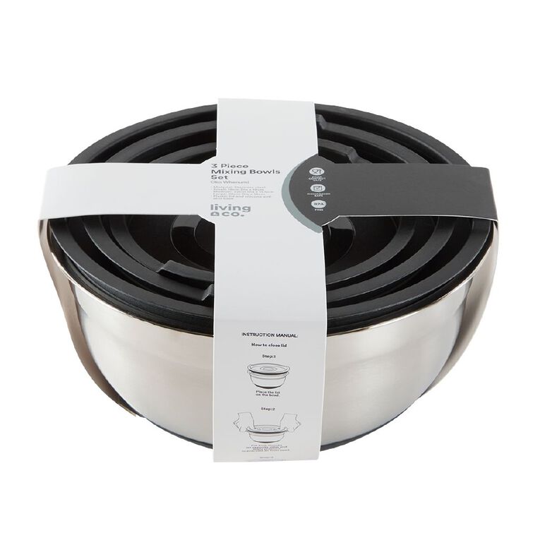 Living & Co Non Slip Stainless Steel Mixing Bowls with Lid 3 Pack, , hi-res