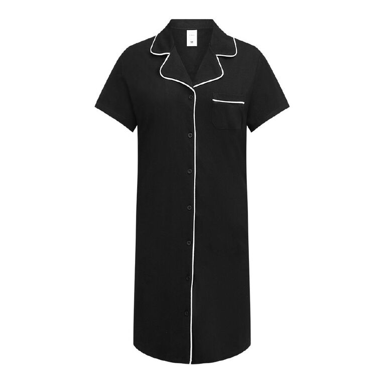 H&H Women's Knit Button Front Nightie, Black, hi-res