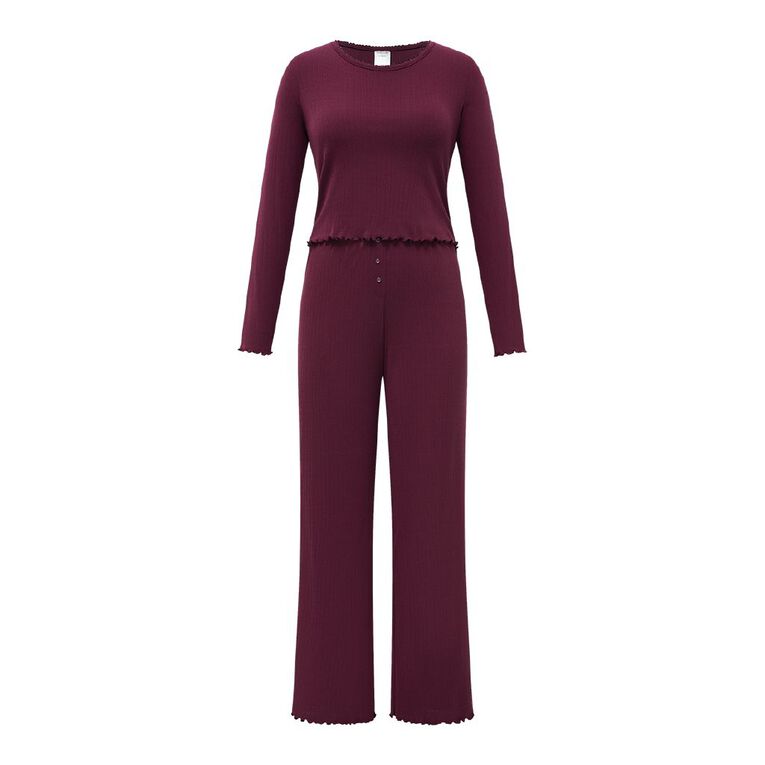 H&H Women's Pointelle Long Sleeve Pyjama Set, Red Mid, hi-res