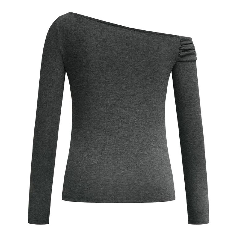 H&H Women's Long Sleeve Ribbed Twist Neckline Top, Grey Mid, hi-res