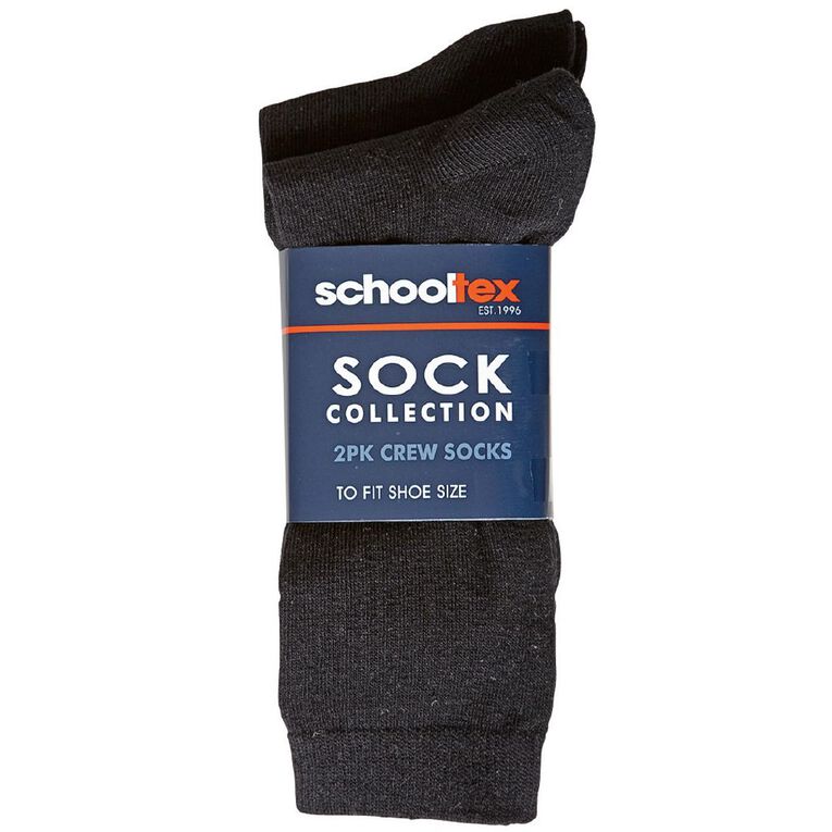 Schooltex Plain Crew Socks 2 Pack, Black, hi-res