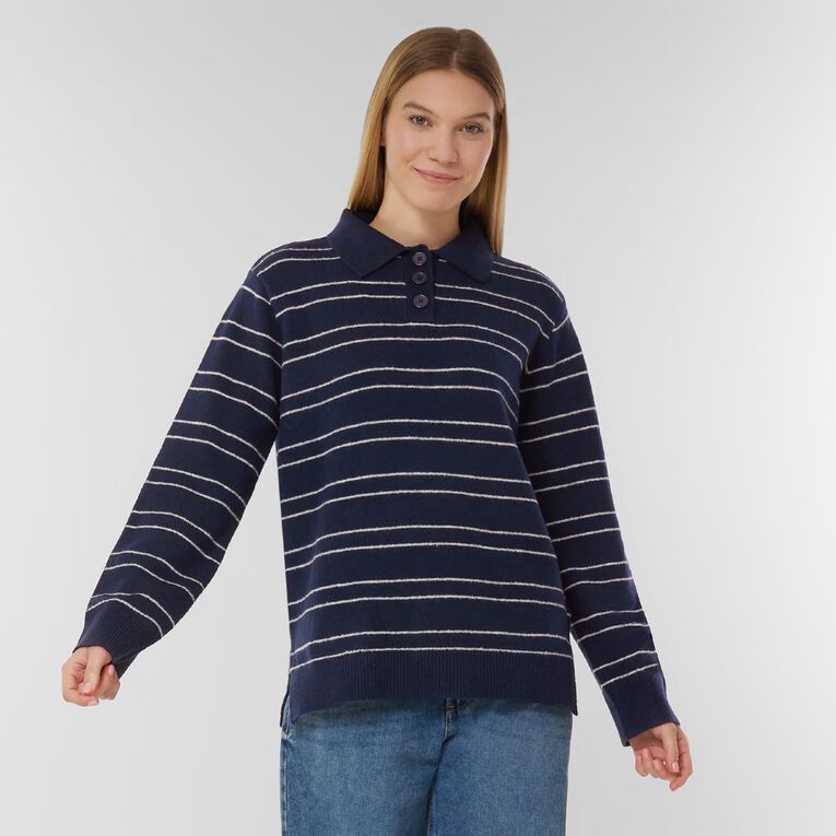 H&H Women's Relaxed Strike Button Polo Knit Jumper, Navy, hi-res