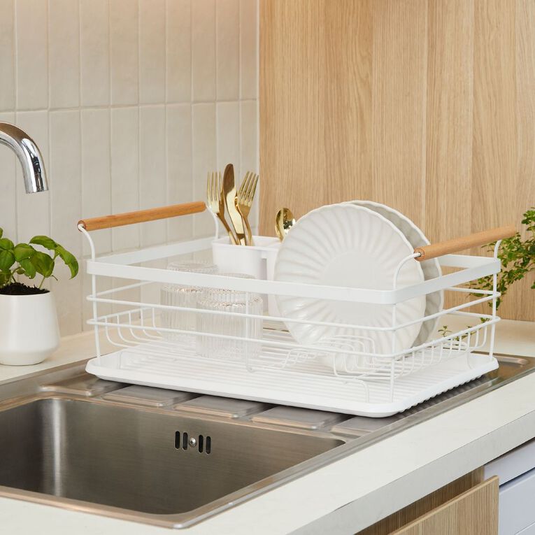Living & Co Dish Rack with Wooden Handles White, , hi-res