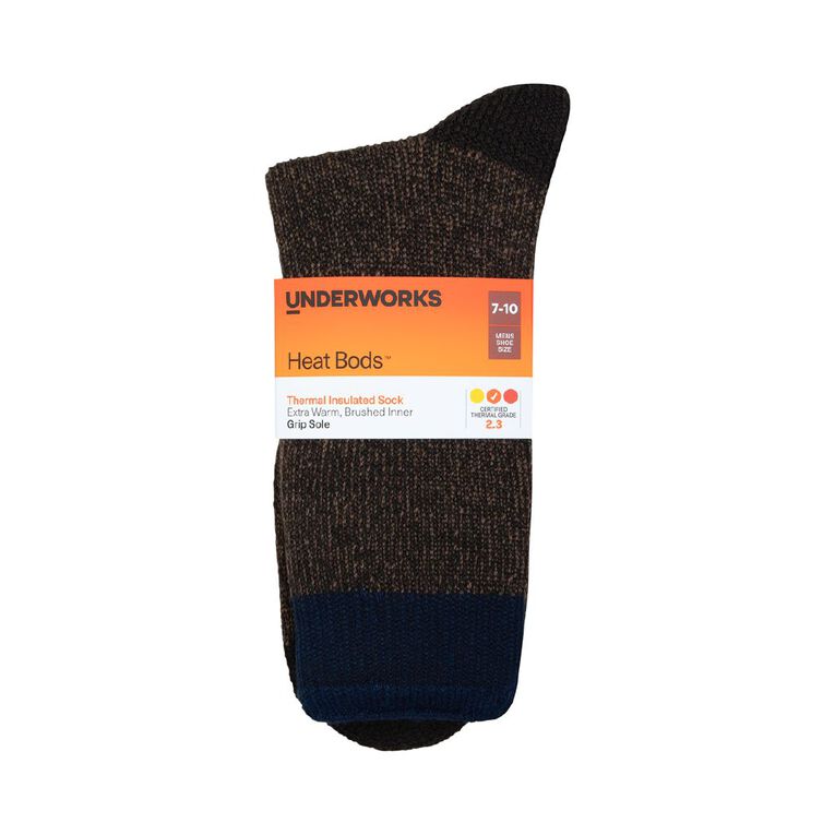 Underworks Men's Heat Bods Brushed Crew Socks 1 Pack, Brown, hi-res
