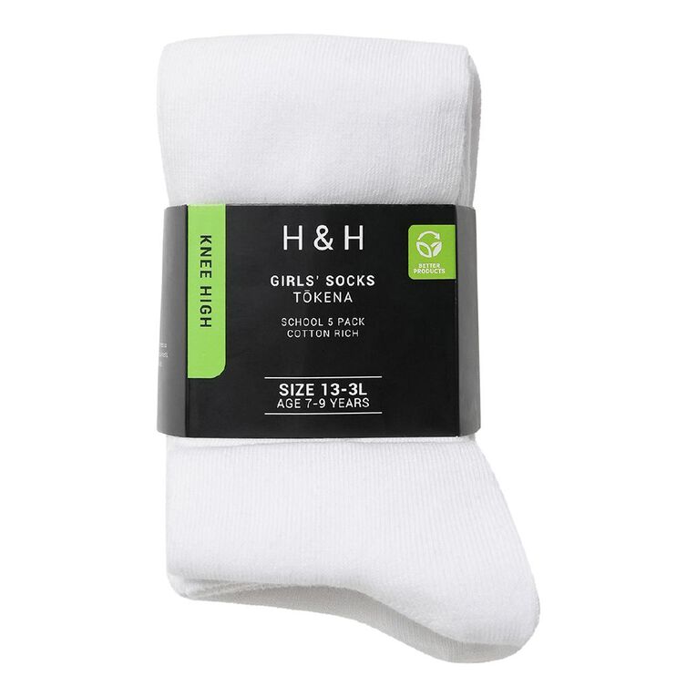 H&H Girls' School Knee High Socks 5 Pack, White, hi-res