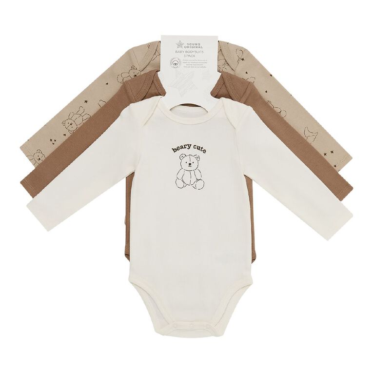Young Original Babies' Long Sleeve Printed Bodysuit 3 Pack, Cream TEDDY, hi-res