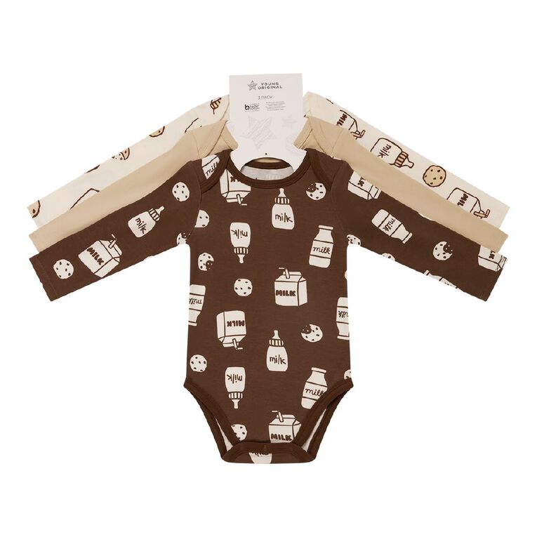 Young Original Babys' Long Sleeve Printed Bodysuit 3 Pack, Brown Dark, hi-res