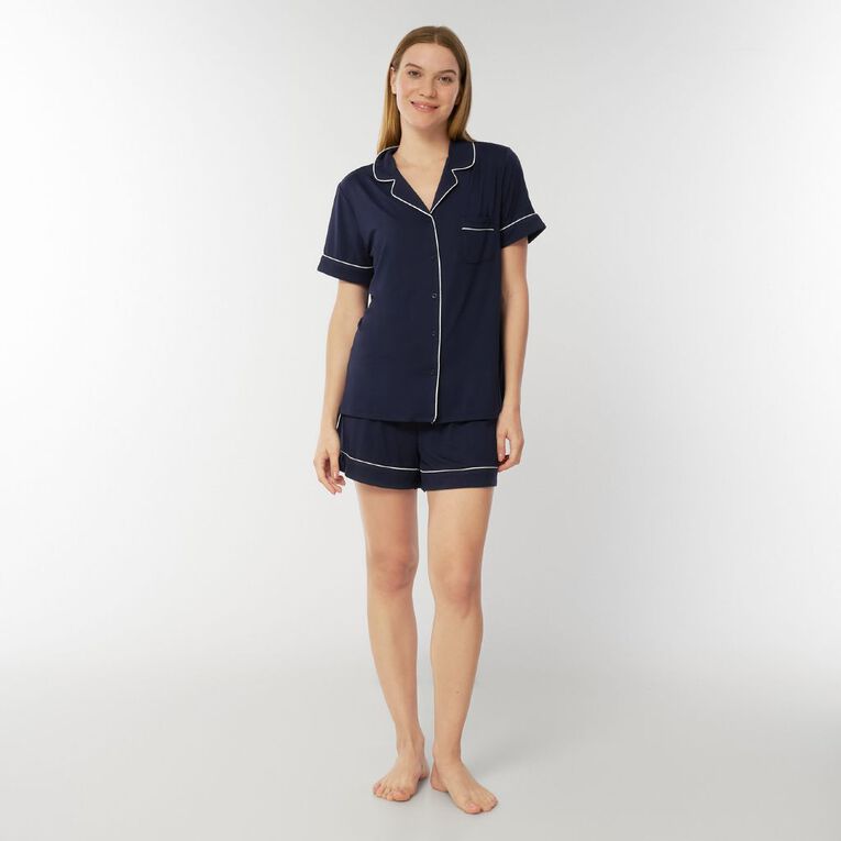 H&H Women's Comfy Button Up Short Sleeve Pyjama Set, Blue Dark, hi-res