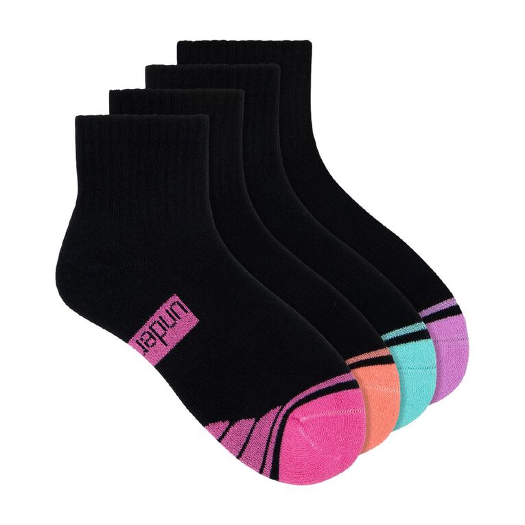 Underworks Kids' Quarter Crew Sport Socks 4 Pack, Black S25 GBL2, hi-res