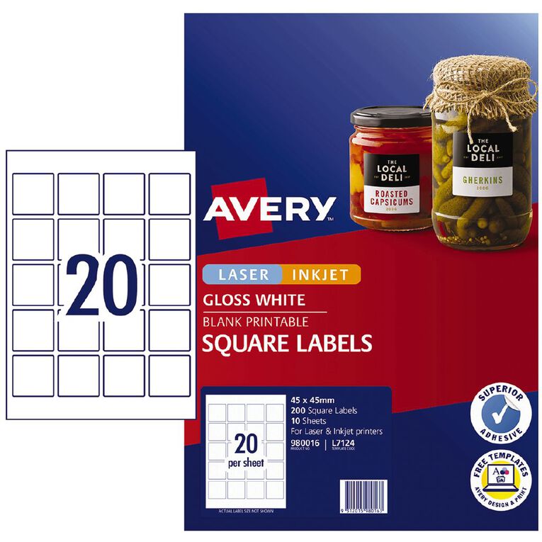 Avery Gloss Square Labels 200 Labels White 45mm x 45mm, , hi-res