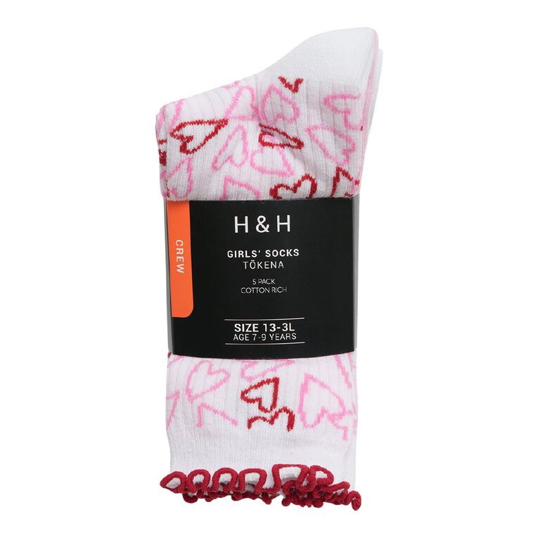 H&H Girls' Rib and Frill Crew Socks 5 Pack, Pink Light, hi-res