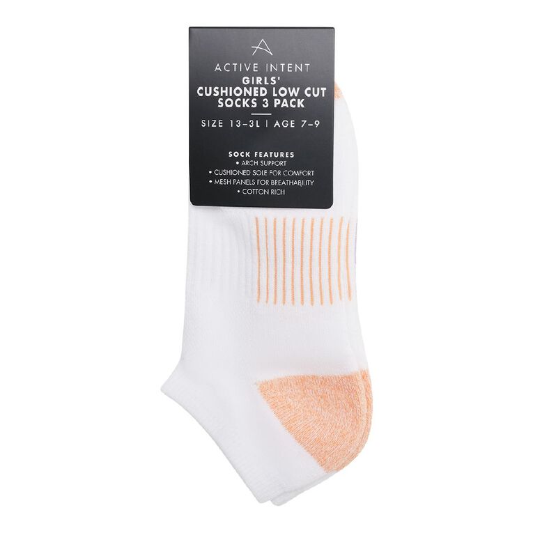Active Intent Girls' Cushioned Low Cut Socks 3 Pack, White, hi-res