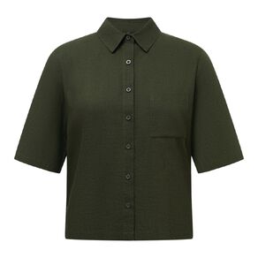 H&H Women's Short Sleeve Cropped Linen Blend Shirt