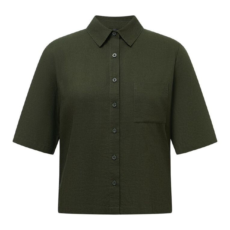 H&H Women's Short Sleeve Cropped Linen Blend Shirt, Green Dark, hi-res