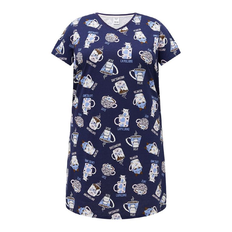 H&H Women's Plus V-Neck Tee Nightie, Blue Dark, hi-res