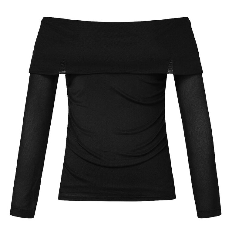 BRDRLESS Gia Mesh Long Sleeve Top, Black, hi-res