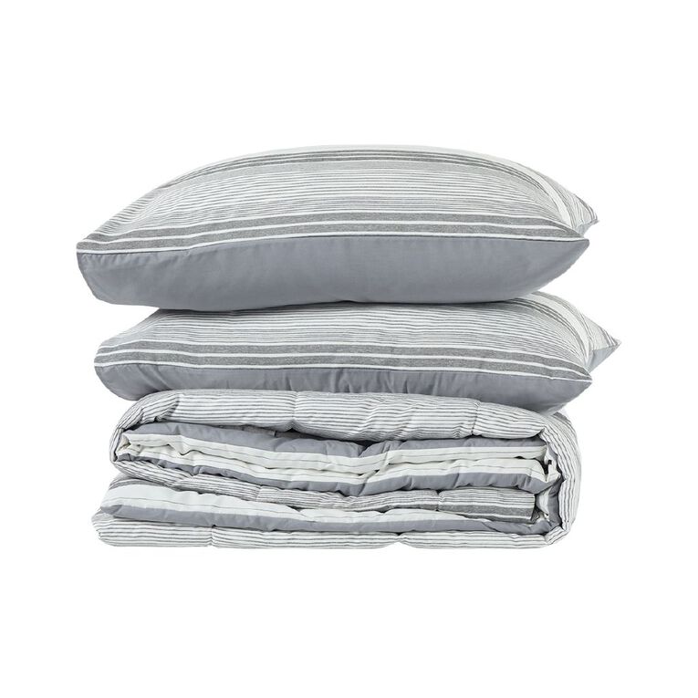Living & Co 3 Piece Comforter Set Yarn Dye Stripe Grey Queen, , hi-res