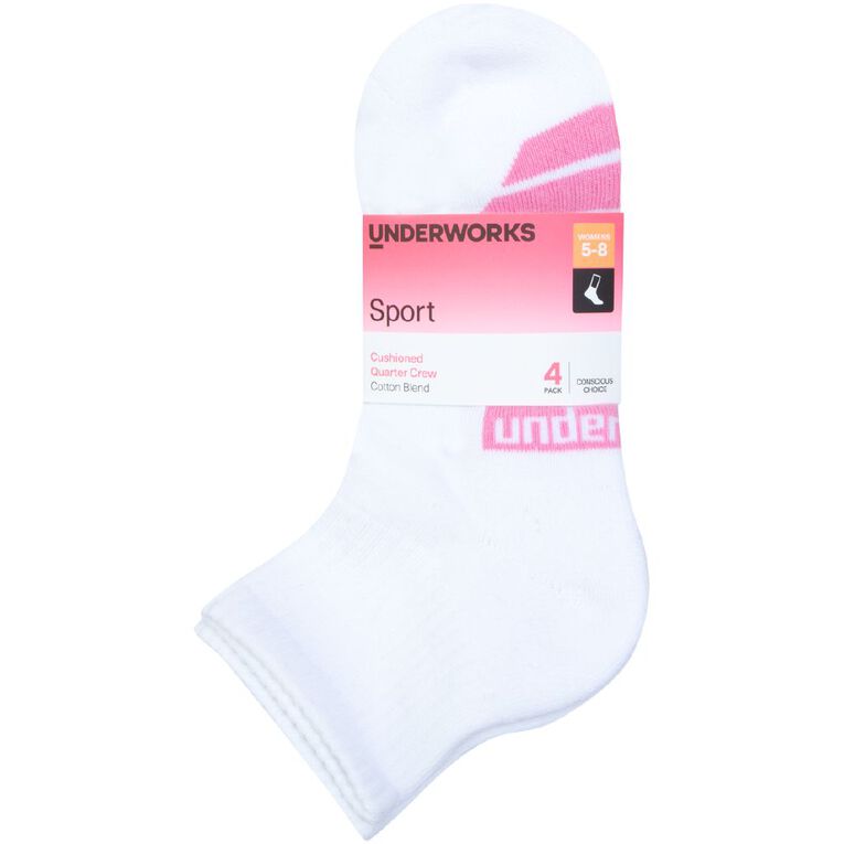 Underworks Women's Quarter Crew Sport Socks 4 Pack, White3, hi-res