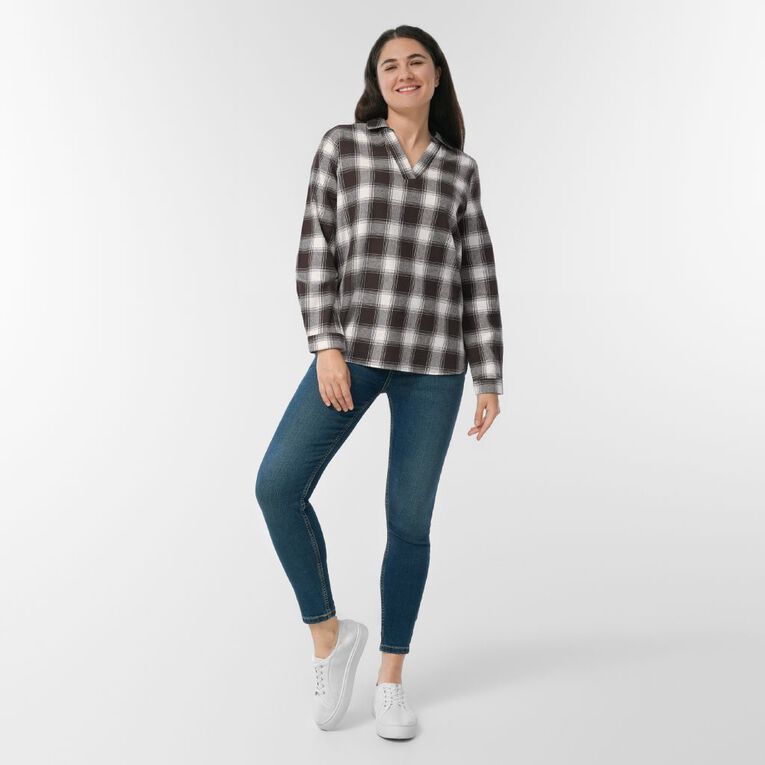 H&H Women's Long Sleeve Check Popover Shirt, Brown, hi-res
