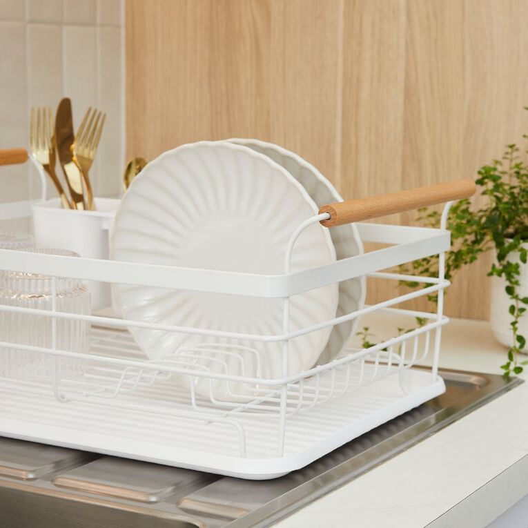 Living & Co Dish Rack with Wooden Handles White, , hi-res