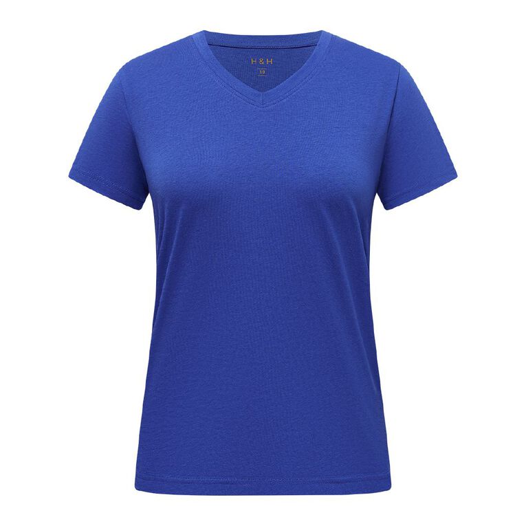 H&H Women's Short Sleeve Cotton V-Neck Tee, Blue Mid, hi-res