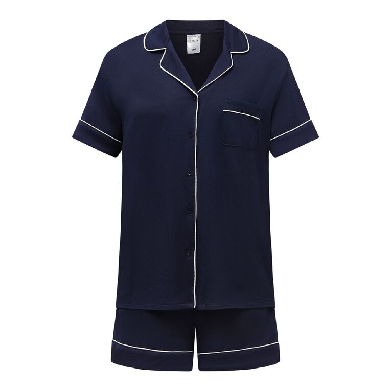 H&H Women's Comfy Button Up Short Sleeve Pyjama Set, Blue Dark, hi-res
