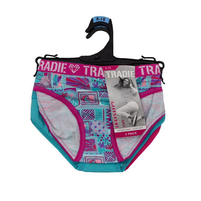 Tradie Girls' Bikini Briefs 3 Pack, Pink Dark, hi-res
