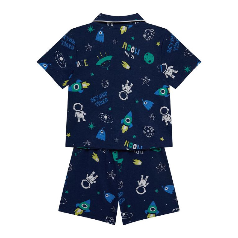 H&H Boys' Button Up Short Sleeve Knit Pyjama Set, Blue Dark, hi-res
